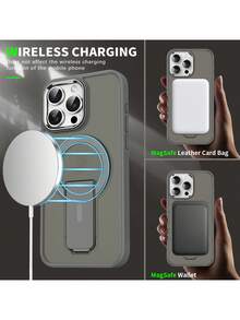 奢华哑光半透明磁性无线充电手机壳带支架，适用于 16 15 14 13 12 11 Pro Max Plus，金属相机环，防震软保险杠硬后盖防水防摔防刮 - 灰色 - 查看 3