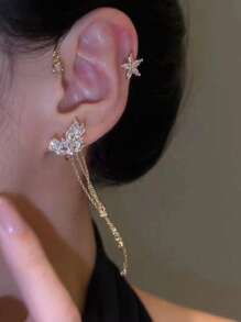 1pc Elegant Diamond Star & Leaf Tassel Ear Cuff Earring, Versatile Jewelry Gift For Women, Daily Wear