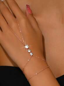 1pc Stylish Simple Silver-Color Rhinestone Full Finger Chain Bracelet