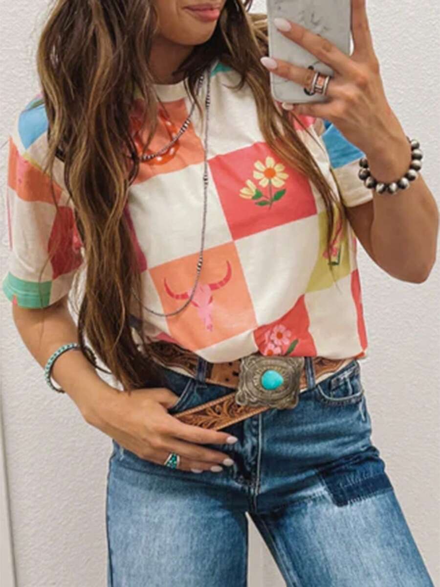 Acelitt Western Style Colorful Plaid Floral Print Round Neck T-Shirt Vacation Casual - Multicolor - View 1