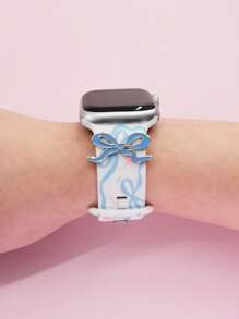 1PC Blue Bow Style Silicone Smart Watch Band Compatible With Apple Watch Band Women 49/46/45/44/42/41/40/38mm,Stylish Printed Strap With Bow Charms Dressy Wristband For Watch Bands Compatible With Apple Series 10 Ultra 2 9 8 7 6 5 4 3 2 SE Compatible With Apple Watch Accessories