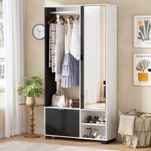 Modern White Hallway Wardrobe Set With Mirror, Clothes Rail, And Shoe Rack | Space-Saving Hallway Cabinet (100L X 33W X 190H) - White - View 2