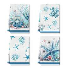 2/4 件套沿海航海厨房毛巾 - 超柔软超细纤维洗碗布，吸水珊瑚和海星海滨茶巾，适用于农舍厨房浴室装饰，卡通编织毛巾，40x60cm - 夏季礼物