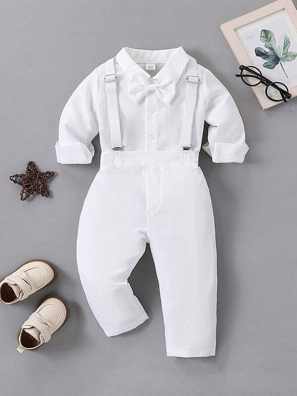 1 Set Baby Boy 1st Year Christening Outfit, White Dress Shirt + Bib Overalls Suit For Page Boy