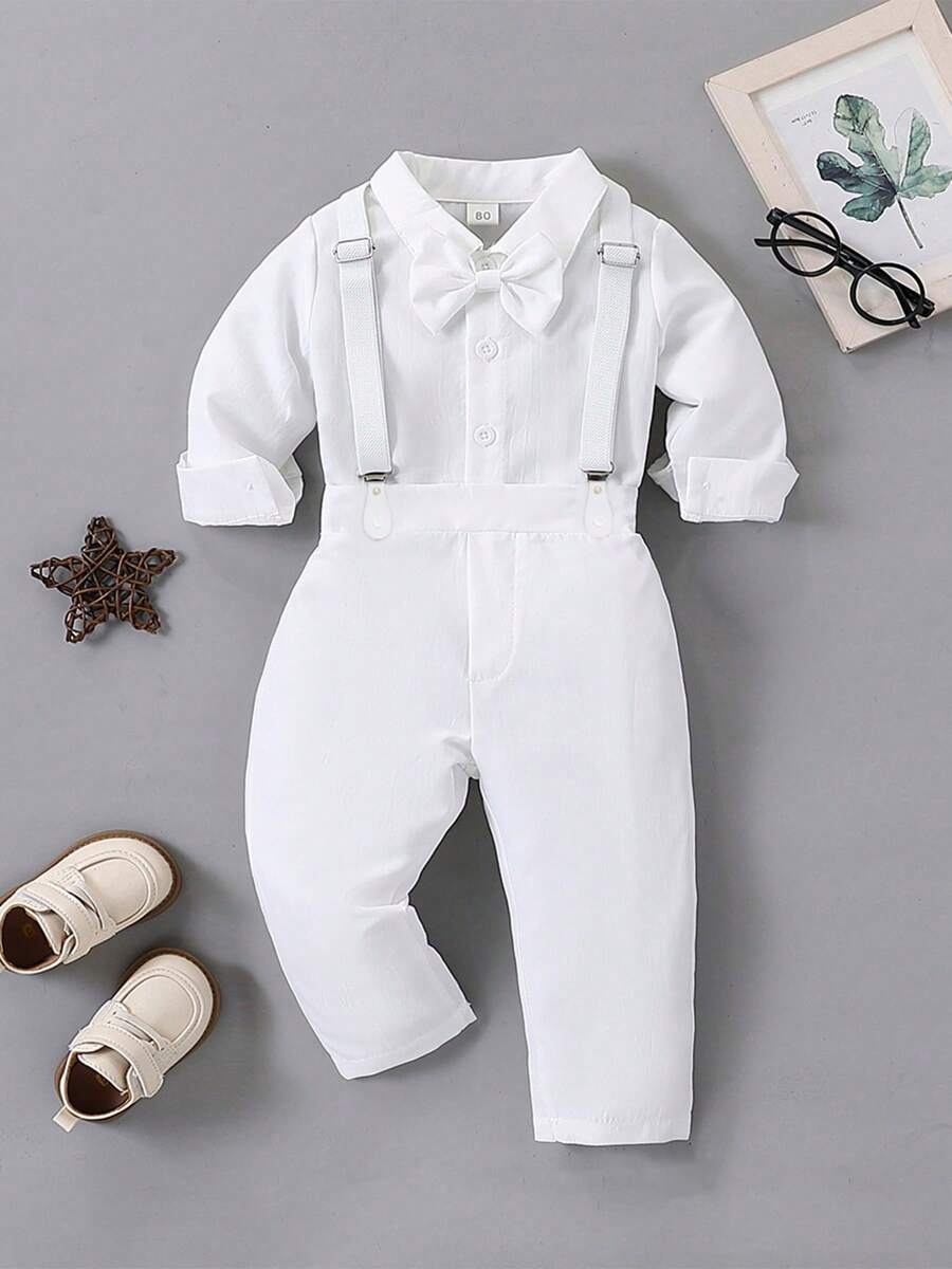 1 Set Baby Boy 1st Year Christening Outfit, White Dress Shirt + Bib Overalls Suit For Page Boy