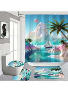 1 Peça/4 Peças Conjunto de Cortina de Chuveiro com Tema de Praia com Letras em Bolhas, com Tapete Antiderrapante, Tampa de Assento Sanitário, Tapete de Banheiro e 12 Ganchos de Plástico - Lavável em Máquina, Decoração de Banheiro em Poliéster Resistente a Manchas, Adequado para Todas as Estações - Acessórios de Banho com Tema Natural de Volta às Aulas