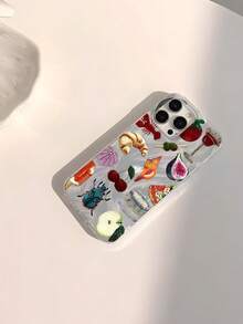 1pc Personalized Cherry, Fig, Shell, Beetle Collage Pattern Waterproof, Fingerprint-Proof, Scratch-Resistant Transparent Soft Glossy Smooth Phone Case - Multicolor - View 2