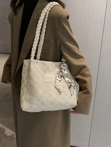 畅销格子围巾单肩包女士新款时尚大容量手提包，休闲通勤腋下蝴蝶结手提包（围巾颜色随机） - 米色 - 查看 2