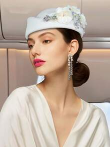 1Pc Felt Turban Hat Pillbox Hats For Women Derby Hat Fascinator Hats With Flower Embellished Elegant Ladies Tea Party Hats Vintage Beret Hat Decorated With Rhinestone Fashion Fedoras Cap For Cosplay Costume Accessories For Wedding Party Women Ladies Gift Sleep Bonnet - A - View 3