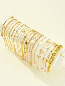 19 件/17 件/14 件/13 件波西米亚风格金属水钻心形贝壳鱼尾蝴蝶串珠多件套脚链套装，优雅的女性珠宝礼物，适合夏季海滩度假、日常佩戴、节日、周年纪念 - 金黃色 - 查看 2