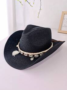 Cappello di paglia bohémien unisex, nuovo Panama intrecciato, stile cowboy o cavaliere, cappello da spiaggia per protezione solare per vacanze primaverili/estive - Multicolore - Visualizzare 3