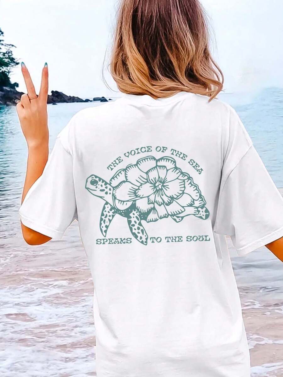 Women's Loose Solid Color Round Neck Short Sleeve Casual Tee With Turtle Print - White - View 1