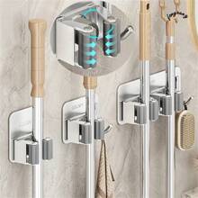 1pc Stainless Steel Mop And Broom Holder, Wall Mounted With Hooks, No Drilling Easy Installation, Polished Surface, Space Saving Home And Bathroom Organizer, Practical Hooks
