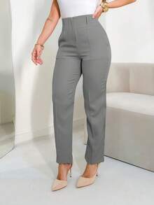 FASHION MO FEMININE - 3283 Tailored Pants, High Waist, With Side Pockets, Straight Leg, Elegant, Formal, Modern, Blogger, Vibrant Colors National Shipping New Collection - Flint Stone - View 3
