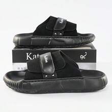 Salkin New Men Casual Slippers, Hook And Loop Closure Solid Color Simple Style, Soft Comfortable Non-Slip Sole, Suitable For Indoor, Beach, Strap Breathable Thick-Sole Odor-Resistant Slides - Black - View 6