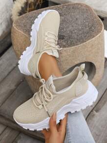 Thick Sole Beige Casual Sports Shoes, Round Toe Lace-Up Knitted Mesh Breathable Flat Light Weight Running Sneakers, All Season