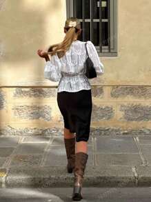 Completo di colore unito, elegante, da donna, per primavera ed estate, con maniche a palloncino, volant all'orlo, chiusura frontale con bottoni, camicetta elegante a maniche lunghe, adatta per uso quotidiano, strada, pendolarismo, casa, ufficio, appuntamenti, camicia/top da donna