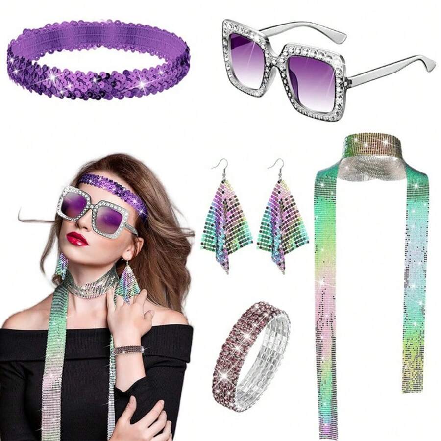 1970s Disco Accessories Disco Costume Set With Sunglasses Long Scarf Earrings - Multicolor - View 1