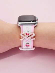 1条樱桃蝴蝶结硅胶智能手表表带，兼容 49/46/45/44/42/41/40/38mm，时尚印花表带搭配白色蝴蝶结吊坠，优雅腕带，适用于 Series 10、Ultra、2-9、8、7、6、5、4、3、2、SE，兼容配件