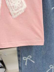 Bộ 2 món áo sơ mi họa tiết bướm tay ngắn cho bé gái tuổi mới lớn và quần denim thường ngày, trang phục đi học hàng ngày, xuân/hè - Hồng - Xem 5