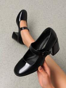 Chunky Heels For Women Block Heels Closed Toe Shoes Comfortable Dress Office Pumps - ĐEN-PAT - Xem 3