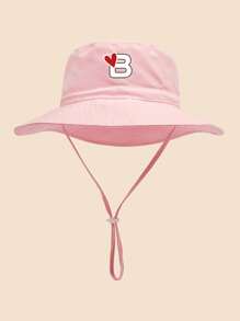 1 pezzo Cappello da sole per bambini con stampa a cuori e lettere, con cordino regolabile antivento, stile casual, cappello secchiello per neonati, adatto per attività all'aperto, spiaggia, protezione dal sole