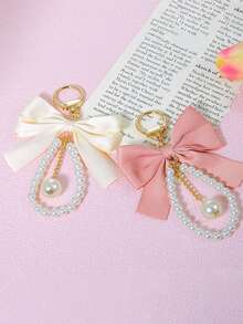 Faux Pearl Bow Phone Lanyard Keychain Versatile Bag Accessory Bows Summer Bridesmaid Gifts - White - View 2