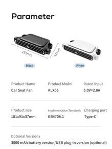 ViSSKO Ventilador de Resfriamento para Assento de Carro - Turbo Boost 3 Velocidades, 3000mAh, Para Cabelo e Instalação Fácil