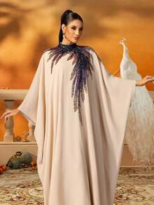 AmazingHoney 优雅的米色亮片刺绣长款 Jalabiya 女士连衣裙，带有羽毛设计的宽松长袍，斋月开斋节长袍，正式的中东长袍，长袍，长款礼服，艺术时尚，端庄 - 卡其色 - 查看 3