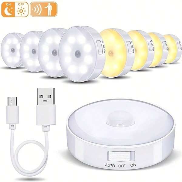 1 pieza/3 piezas/6 piezas Luz nocturna LED con sensor de movimiento, luz USB recargable para armario, luz blanca/cálida, adecuada para dormitorio, mesita de noche, gabinete de cocina, armario, escalera, decoración de pared, pasillo (250mAh)