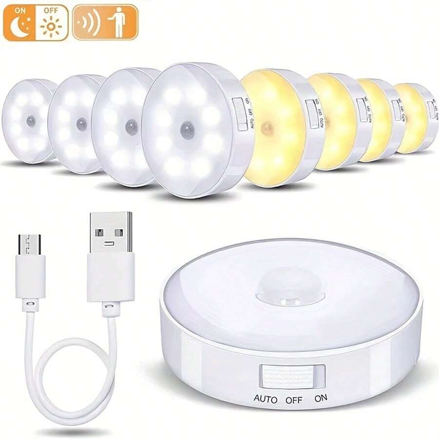 1 件/3 件/6 件运动传感器 LED 夜灯，USB 可充电橱柜灯，白光/暖白光，适用于卧室床边、厨柜衣柜灯、楼梯墙壁装饰、走廊灯（250mAh）