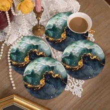1 件/2 件/4 件，15.35 英寸/39 厘米/39*39 大理石纹圆形硅胶杯垫，奢华金箔画纹理，适用于厨房、餐厅、餐桌、茶几和吧台，可清洗和重复使用，用于餐具和杯子干燥
