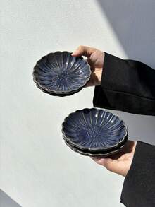 1/2/4 件日式复古蓝菊陶瓷调味盘，迷你花瓣形酱汁/沙拉/黄油/酱油/醋小盘子，适合家庭使用，学校用品