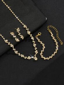 1 Set Minimalist Flower Crystal Decor Adjustable Choker Necklace + 1 Pair High-End Pendant Earrings + 1 Geometric Crystal Bridal Necklace - Fashion Elegant Bridal Jewelry Set For Daily, Ball, Banquet, Party, Wedding, Photography - Gold - View 8
