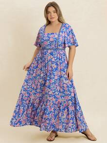 Váy nữ mùa hè họa tiết hoa xanh cổ vuông, phong cách Bohemian phù hợp cho trang phục đi biển Lễ Phục Sinh, lễ hội âm nhạc Hawaii, kỳ nghỉ nhiệt đới thanh lịch - Màu xanh lam - Xem 4