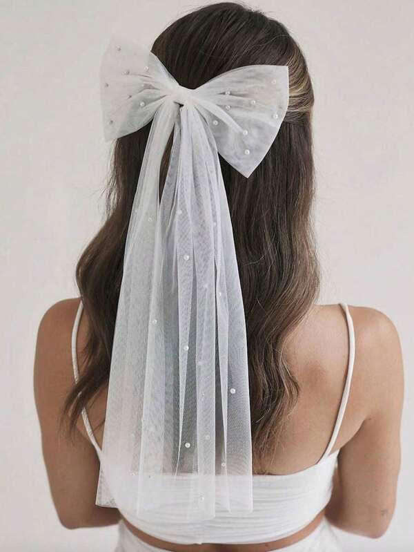 Velo de novia para despedida de soltera, velo de boda blanco con lazo, velo de tul elegante con clip para el cabello para mujer