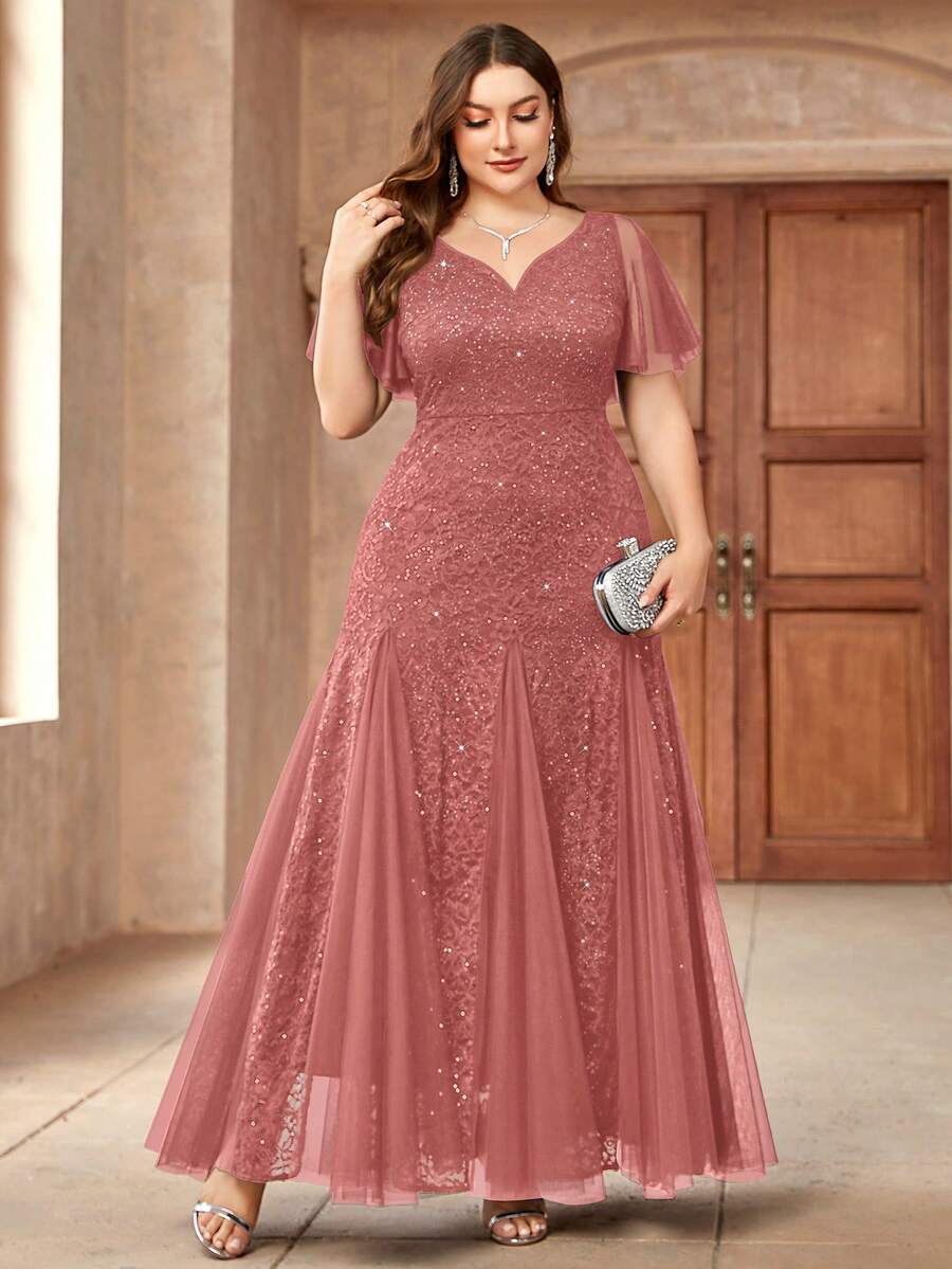 Plus Sweetheart Neck Sequin Floral Lace Ruffle Sleeve Contrast Mesh Hem Formal Evening Party Dress, Elegant Formal Prom Wedding Guest Gown, For Graduation, Dinner, Homecoming - Bụi hồng - Xem 1