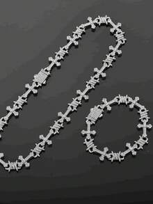 Collar de cadena de hip hop con colgante de cruz con estrella de strass de 13mm y pulsera a juego, unisex - Collar con punta de cruz - Ver 15