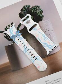 1PC Blue Bow Style Silicone Smart Watch Band Compatible With Apple Watch Band Women 49/46/45/44/42/41/40/38mm,Stylish Printed Strap With Bow Charms Dressy Wristband For Watch Bands Compatible With Apple Series 10 Ultra 2 9 8 7 6 5 4 3 2 SE Compatible With Apple Watch Accessories