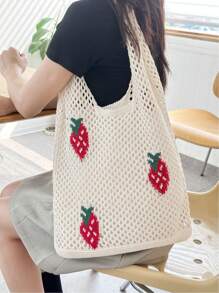 Lightweight,Casual Cute Cartoon Strawberry Pattern Crochet Bag Hollow Out Detail Vacation Style For Teen Girls Women College Students Perfect For College,Outdoors,Travel,Outings,School Bag,Large Capacity,Portable,For Teen Girls Women College Students,White-Collar Workers,Perfect For Work,Back To School,Middle School,High School,College,Vacation, & Cute Strawberry Purse, Perfectly Matching With Crochet Set