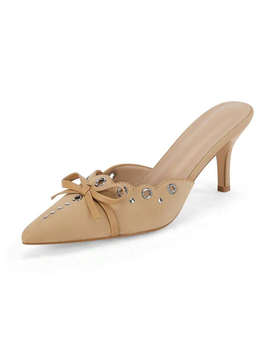 Women's Bow Tie Mule Heels Pointed Toe Studded Backless Stiletto Slip On Dress Pumps - 卡其色 - 查看 1