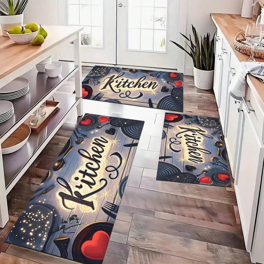 Kitchen Rug And Mat Set With My Kitchen Phrase Pattern, Non-Slip Washable, Kitchen Cushion, Smooth Soft Comfortable Easy To Clean Material, Suitable For Bedroom, Living Room, Dining Room, Kitchen, Bathroom, Entryway
