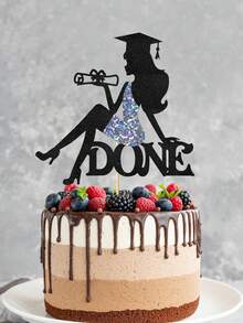 1件預組裝「Finished」畢業蛋糕裝飾插牌，亮片裙擺設計，亮粉畢業生剪影，適合高中、大學及大學畢業派對裝飾 2026 - 彩色 - 查看 3