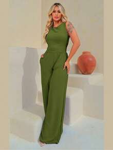 Women's Long Jumpsuit Tank Top Pantaloons With Pockets Premium Luxury Line - 軍綠色 - 查看 2