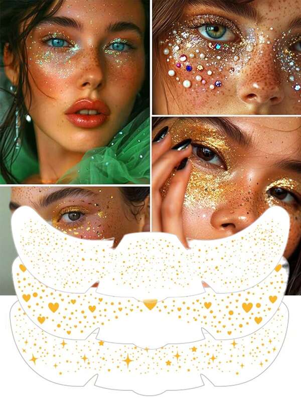 1pc Glitter Freckles Face Tattoo, Heart, Moon, Star, Flower Shaped, Festival Rave Accessories For Women, Golden Face Waterproof Sparkles Freckles Half Magic Makeup Jewels Stickers For Music Festival