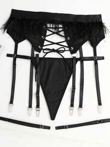 Woman's Sexy Lingerie Red Mesh See Through Garter Bra Set Of 3 - Black - View 9