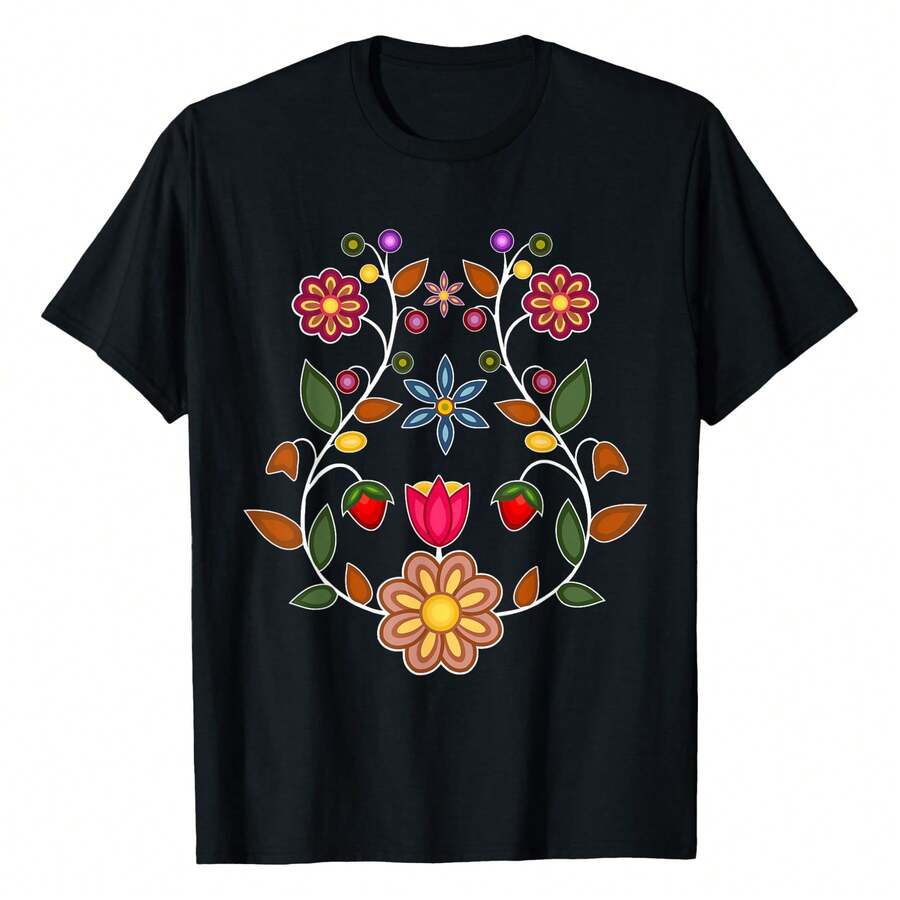 Ojibwe Floral Native Wild Flowers Indigenous Cute Botanical T-Shirt Comfortable Sweatshirt, Suitable For Daily Wear, Parties Or Outdoor Activities. - 黑色 - 查看 1