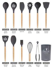 12pcs/Set Or 44pcs/Set Wooden Handle Silicone Kitchen Utensil Set, Heat Resistant Non-Stick Cookware, Suitable For Cooking And Baking, Great For Christmas - Gray-regular - View 3
