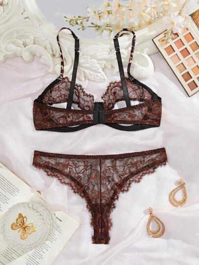 Verleidelijke Kanten Splice Leopard Print Women Lingerie Set, Rave view 2