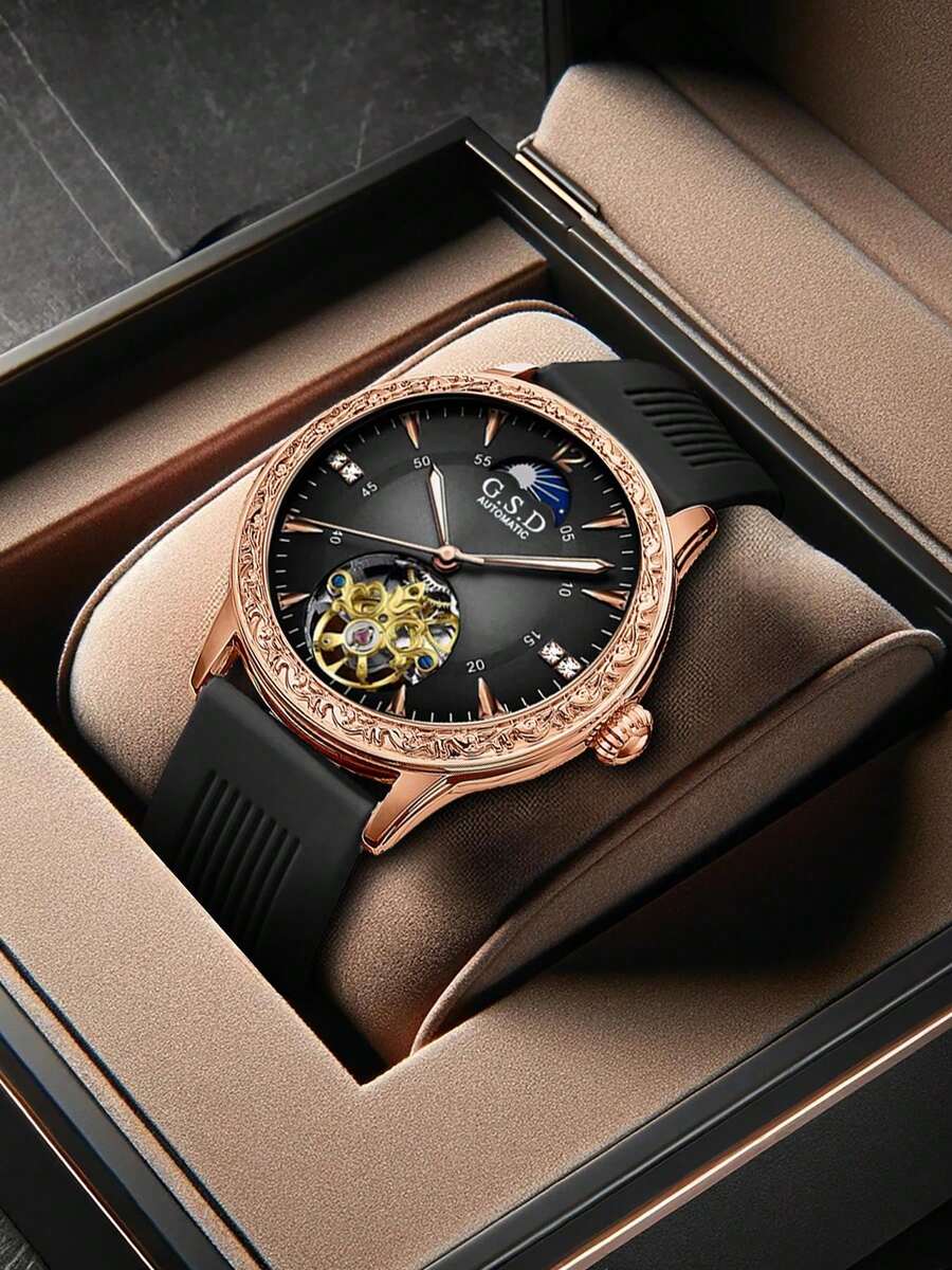 1pc Men's Luminous Moon Phase Design Cool Personalized Automatic Mechanical Wristwatch - Watch - View 1